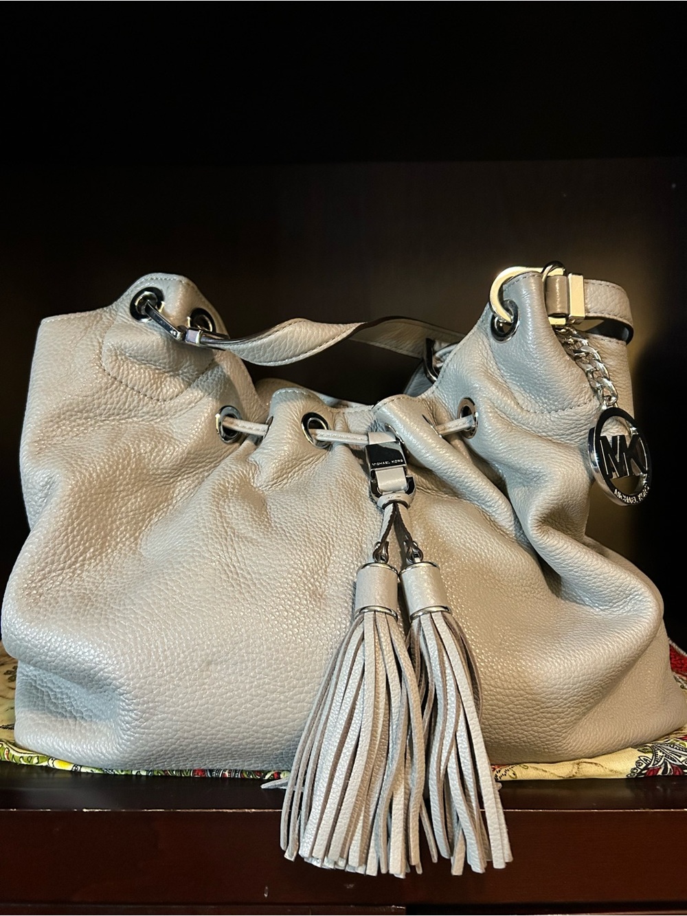 Michael Kors Light Gray Pebbled Leather Tassel Hobo Bag